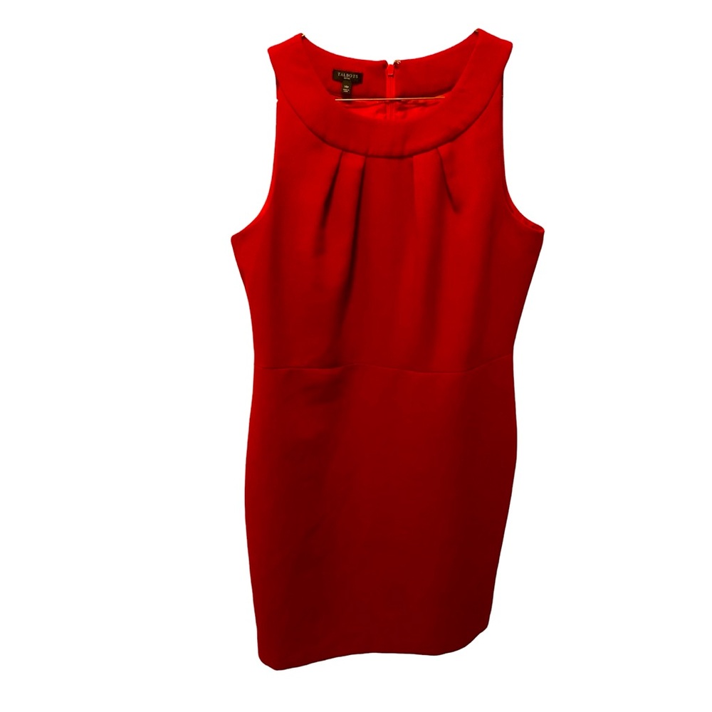 Talbots Wool Blend Red Pleated Neck Sleeveless Sheath Dress Sz 14P.